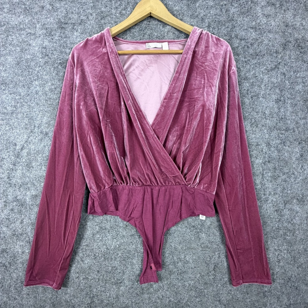 Chelsea28 Velvet Bodysuit Womens L Pink Stretch Balletcore Long Sleeve